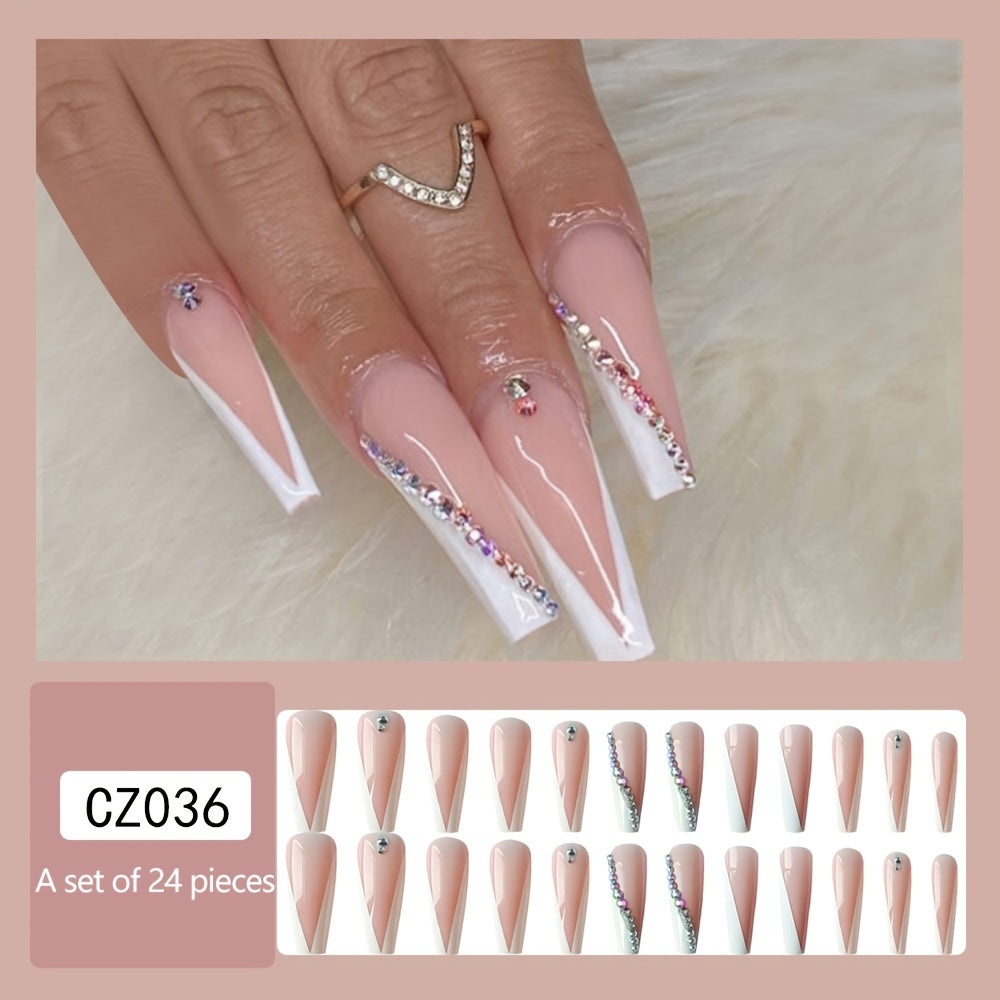 French Tip Geometric Rhinestone Nails