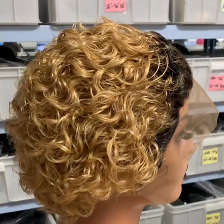 Ombre Short Pixie Cut 13x4x1 T Lace Front Curly Human Hair Wigs 8 Inch