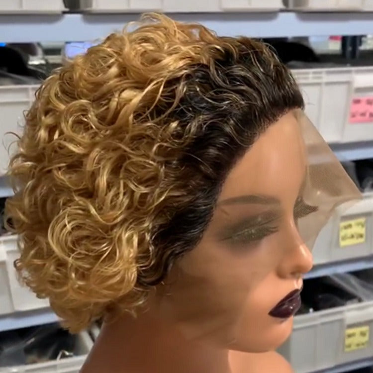 Ombre Short Pixie Cut 13x4x1 T Lace Front Curly Human Hair Wigs 8 Inch