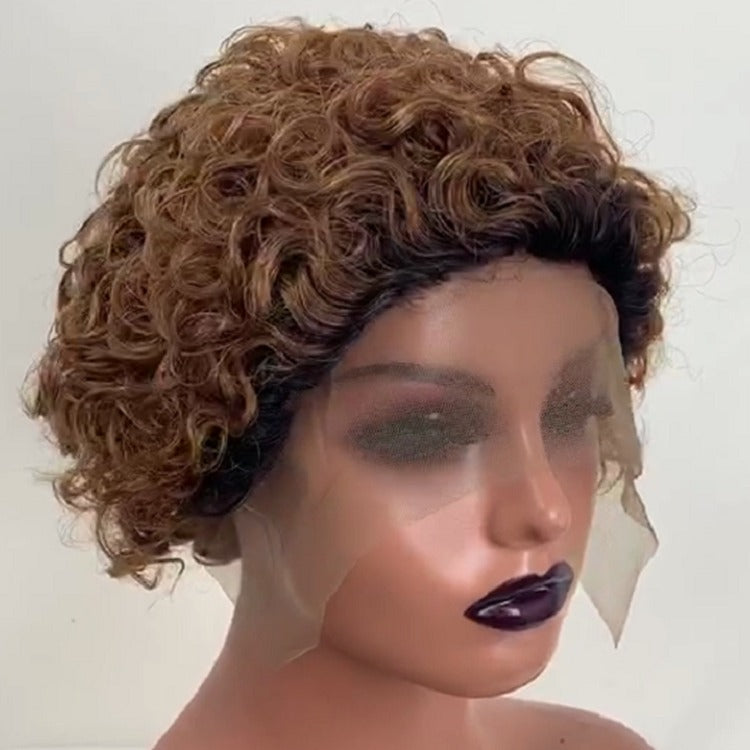 Ombre Short Pixie Cut 13x4x1 T Lace Front Curly Human Hair Wigs 8 Inch