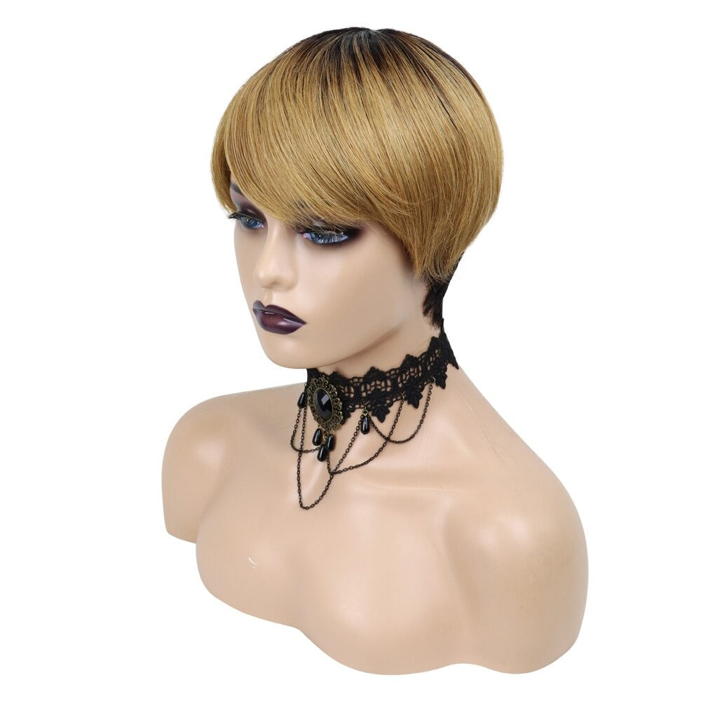 6inch #Burg Pixie Short Cut 100% Straight Human Hair Wig with Bangs Br