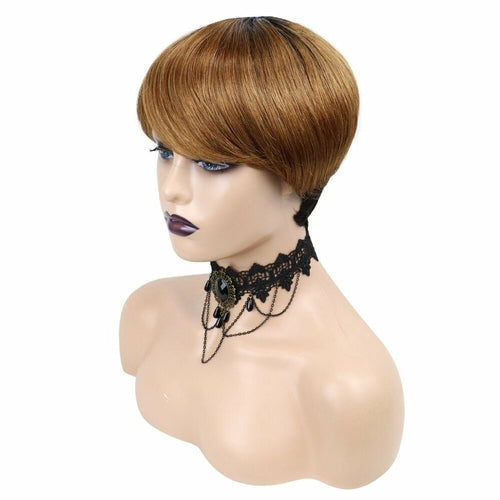 6inch #Burg Pixie Short Cut 100% Straight Human Hair Wig with Bangs Br