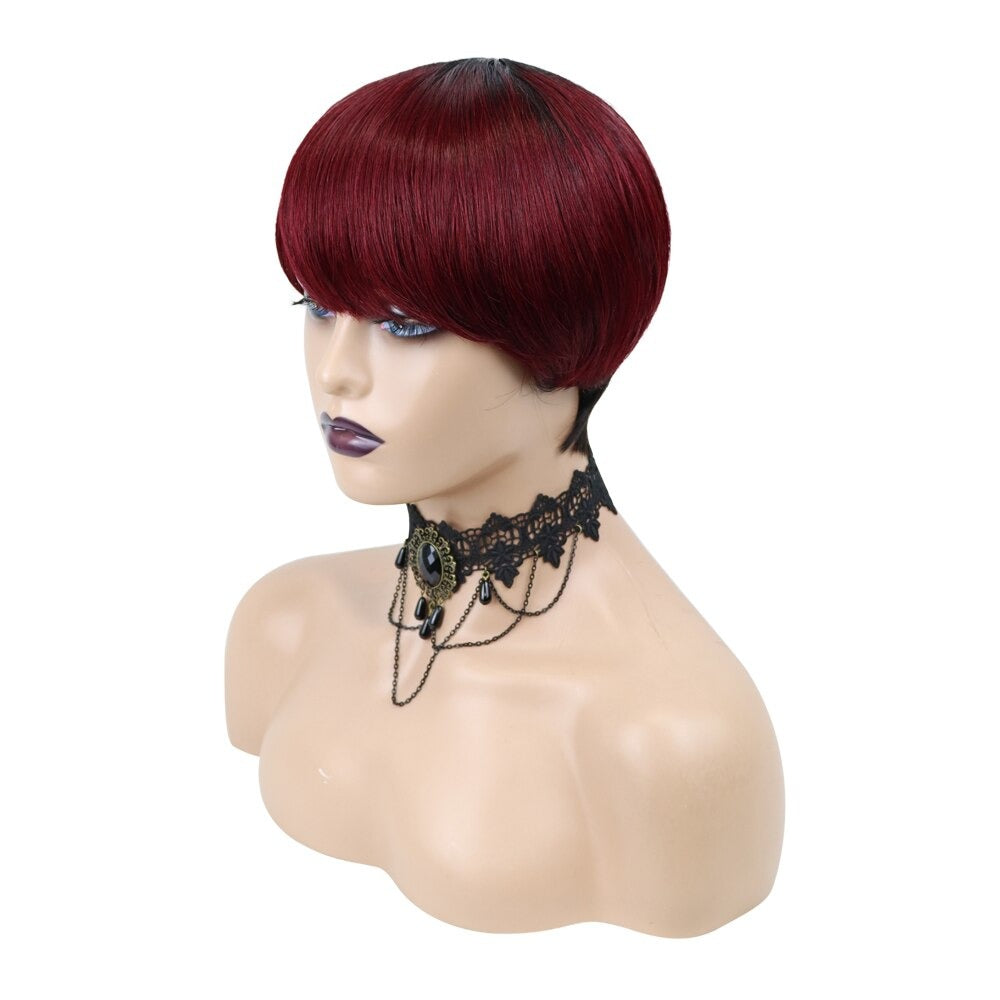 6inch #Burg Pixie Short Cut 100% Straight Human Hair Wig with Bangs Br