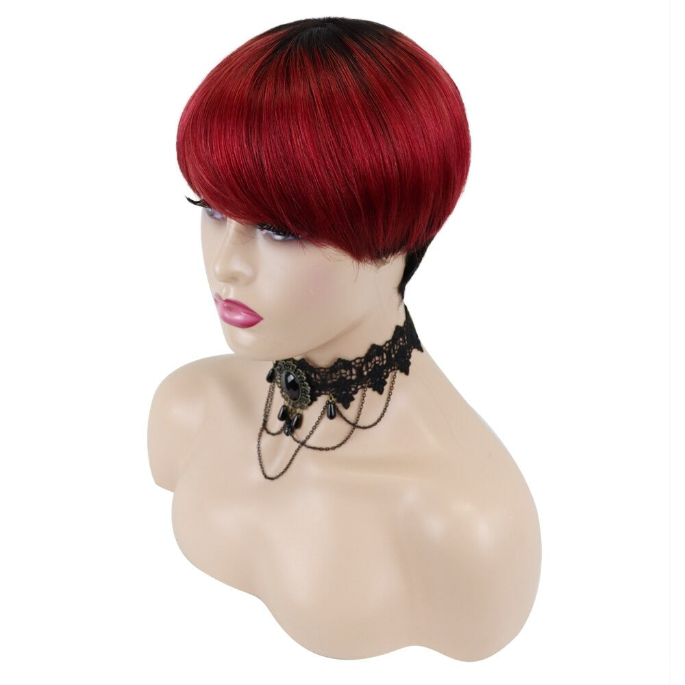 6inch #Burg Pixie Short Cut 100% Straight Human Hair Wig with Bangs Br