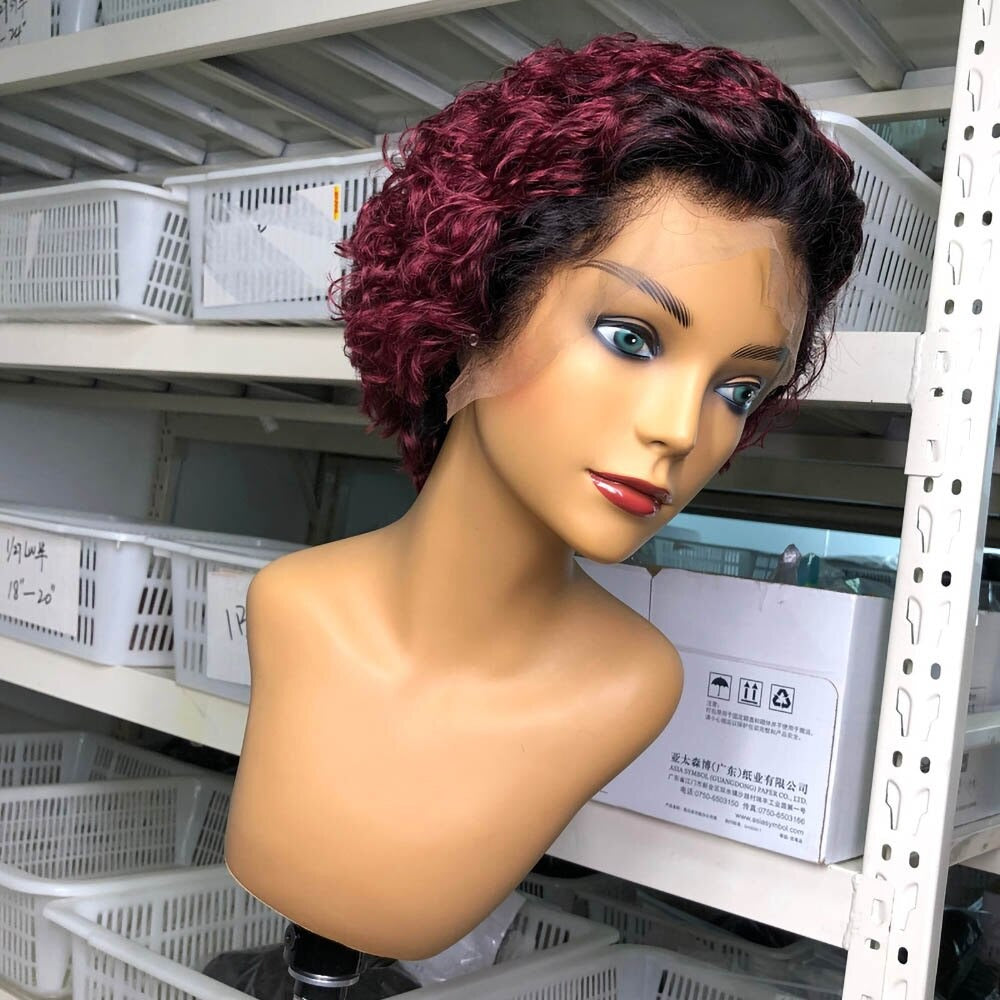 Ombre Short Pixie Cut 13x4x1 T Lace Front Curly Human Hair Wigs 8 Inch