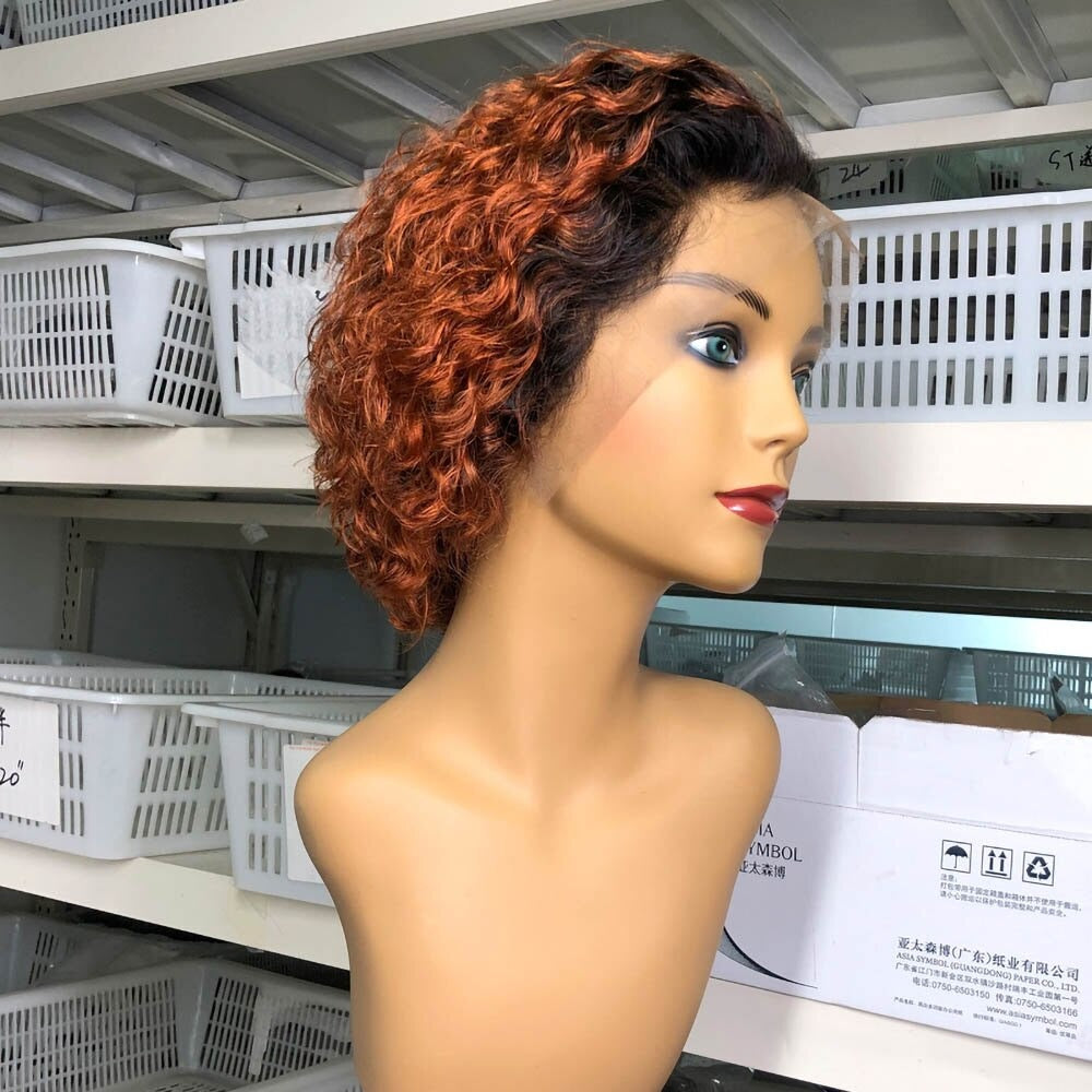 Ombre Short Pixie Cut 13x4x1 T Lace Front Curly Human Hair Wigs 8 Inch