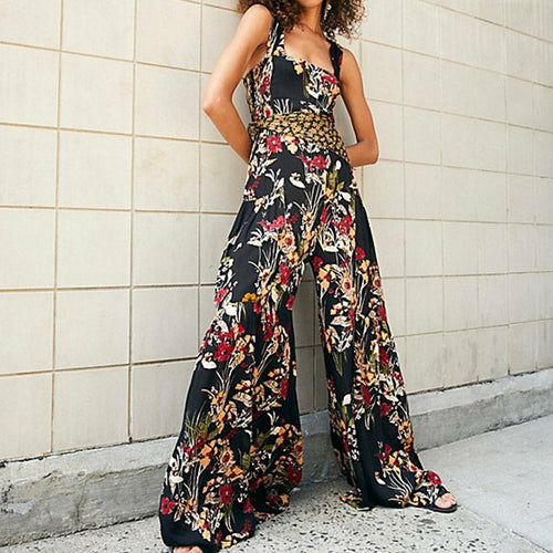 Summer Sexy Bohemian Playsuits Womens Floral Print Wide Leg Overalls