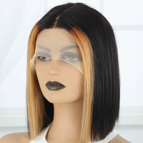 13*4*1 Lace Front Highlight Short Straight Human Hair Wig,  Fading To