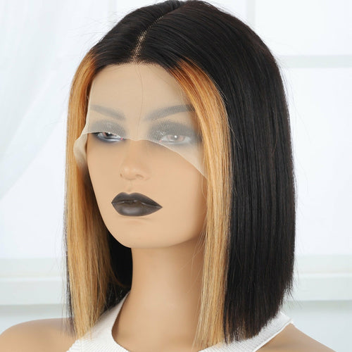 13*4*1 Lace Front Highlight Short Straight Human Hair Wig,  Fading To