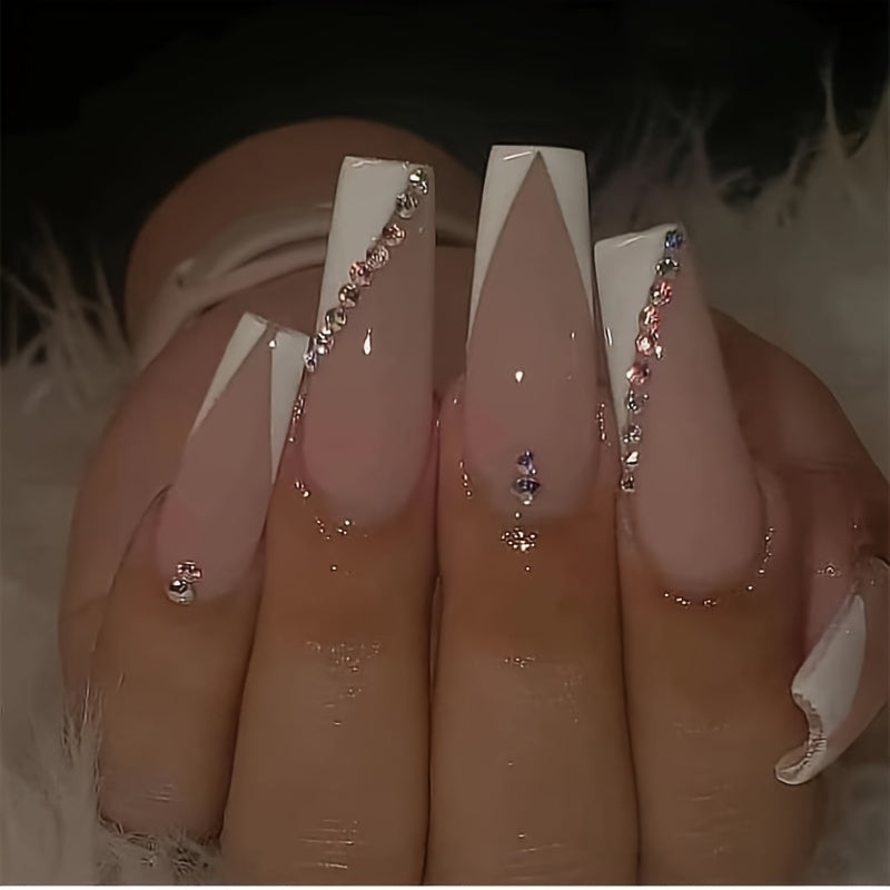 French Tip Geometric Rhinestone Nails