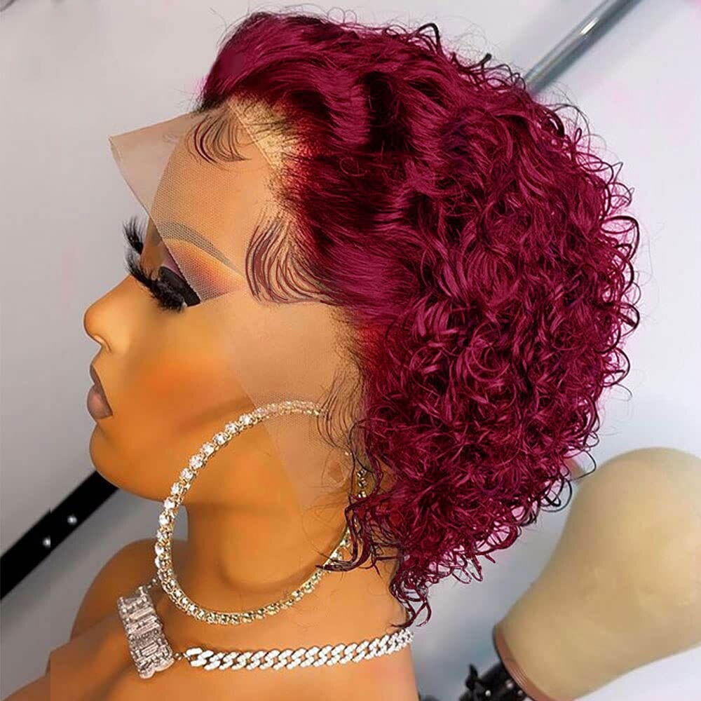 Ombre Short Pixie Cut 13x4x1 T Lace Front Curly Human Hair Wigs 8 Inch