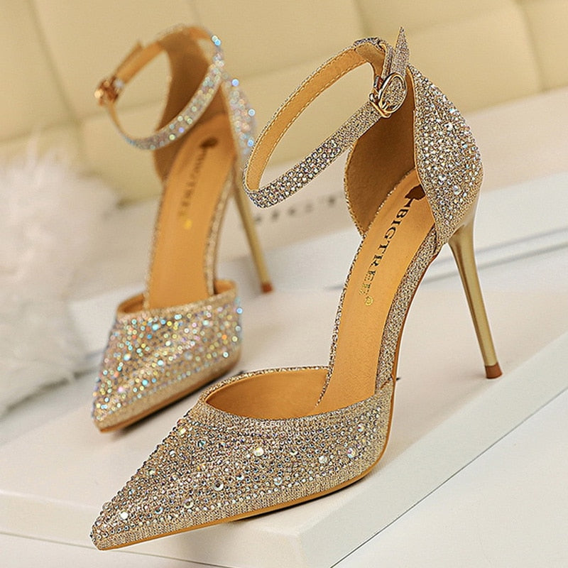 Shiny Rhinestones High Heels Ladies Shoes Women Pumps Stiletto Sandals