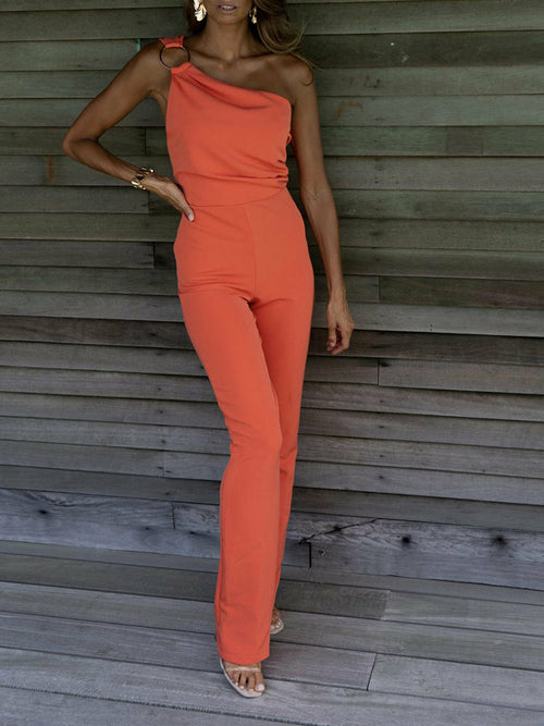 Slash Neck Solid Backless Zipper Party Jumpsuits