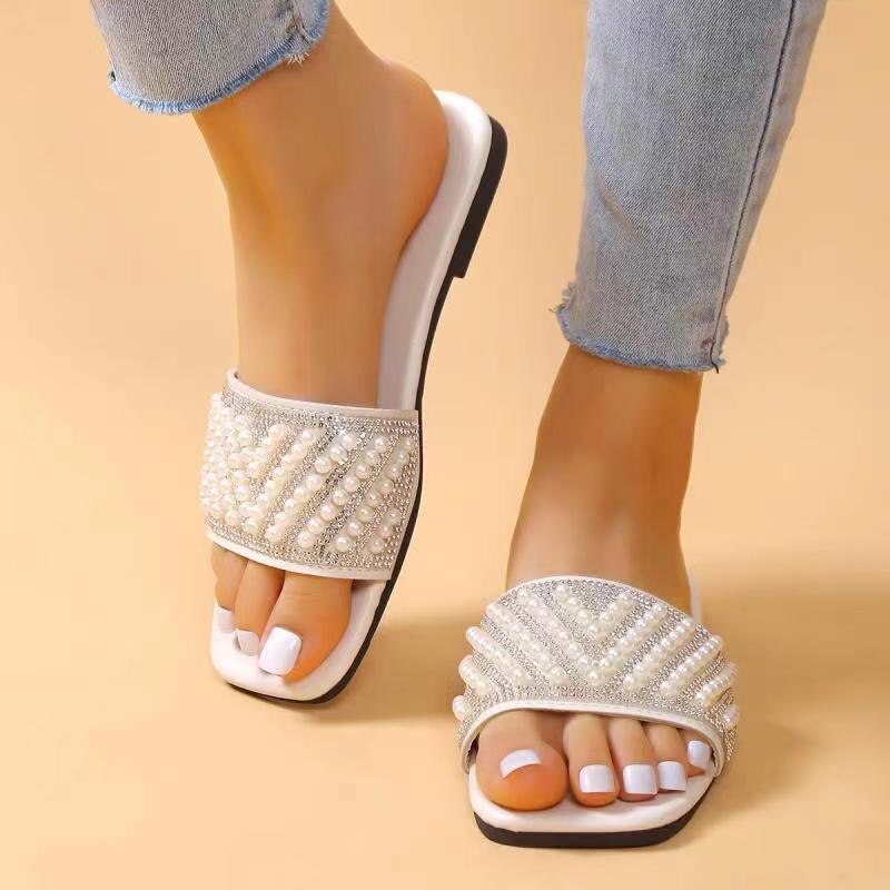 Pearl Rhinestone Flat Slippers Sandals