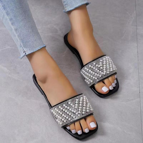 Pearl Rhinestone Flat Slippers Sandals