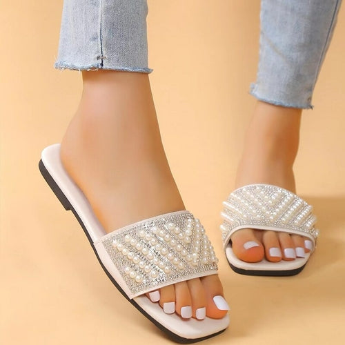 Pearl Rhinestone Flat Slippers Sandals