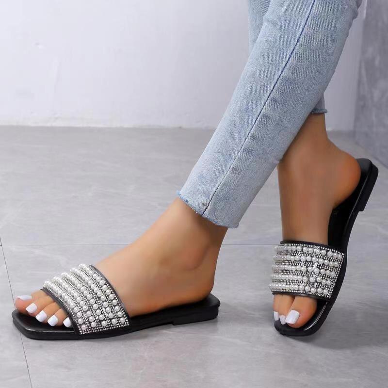 Pearl Rhinestone Flat Slippers Sandals