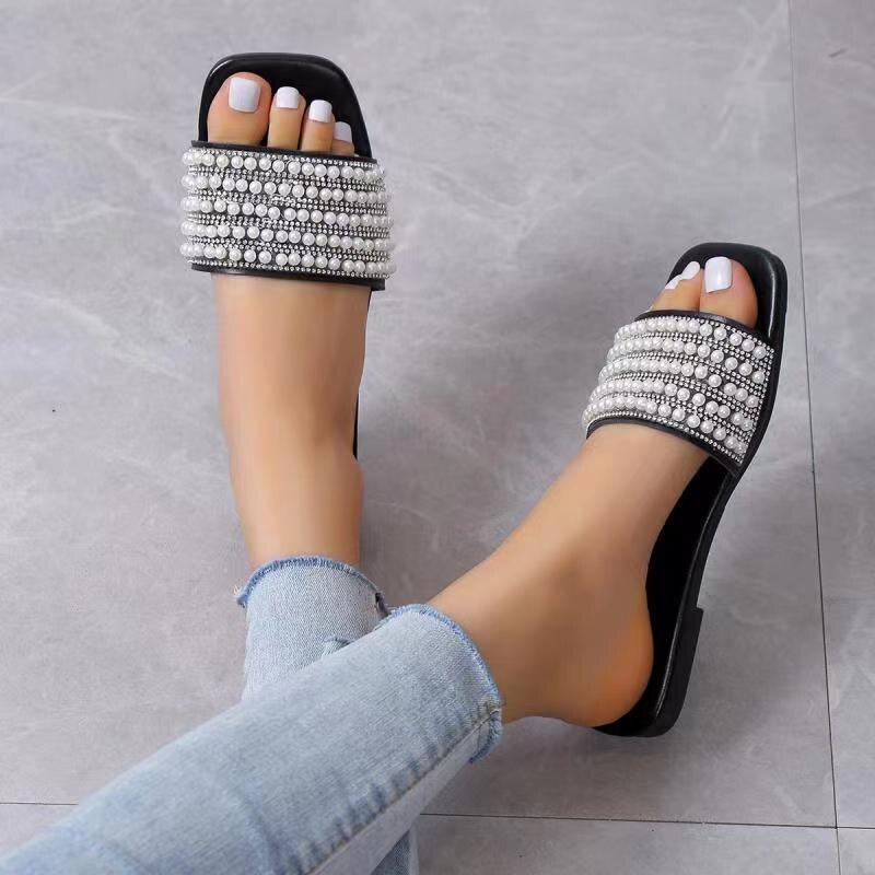 Pearl Rhinestone Flat Slippers Sandals