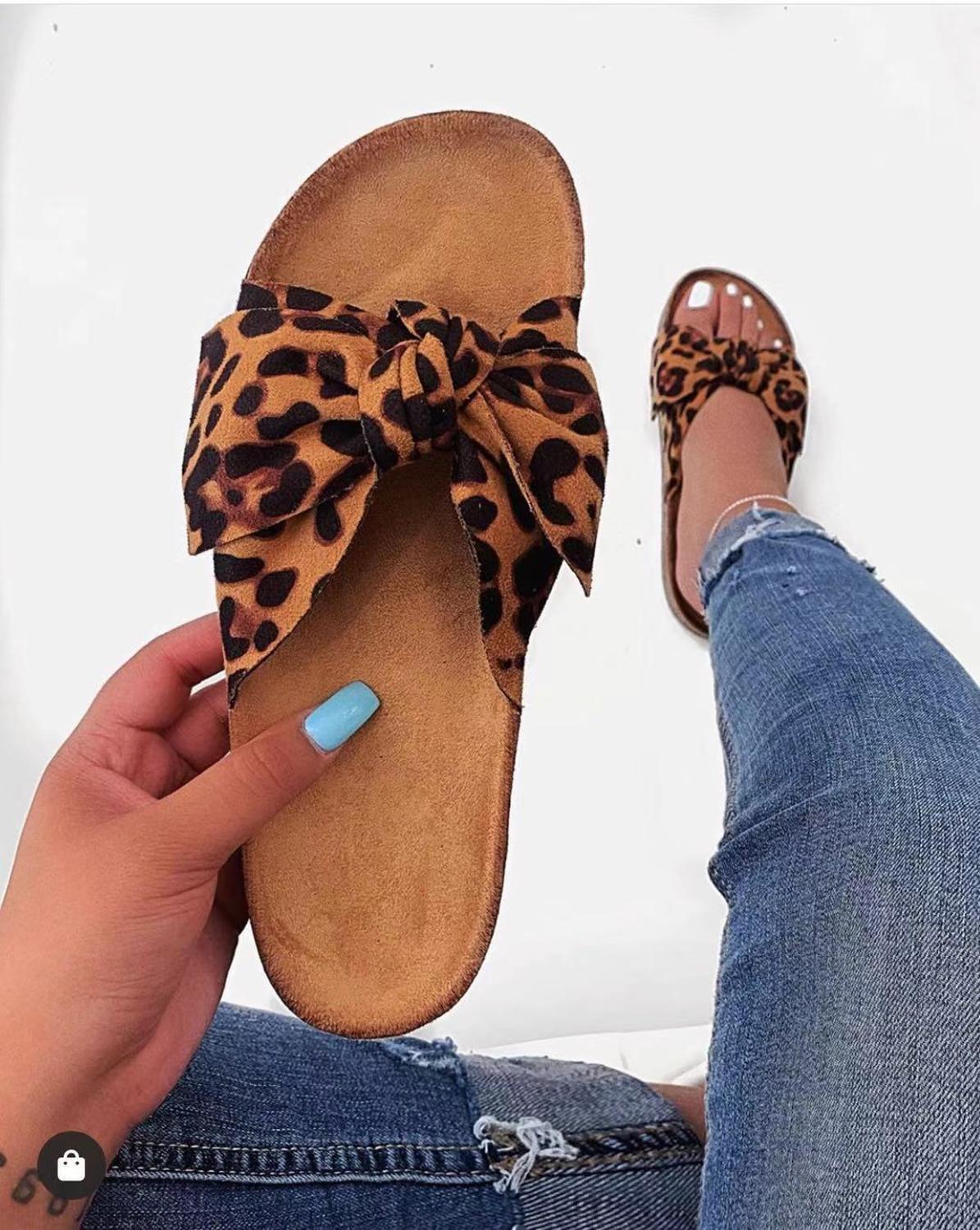 Women Slides 1 Straps Comfy Bow Slide Sandals Leopard