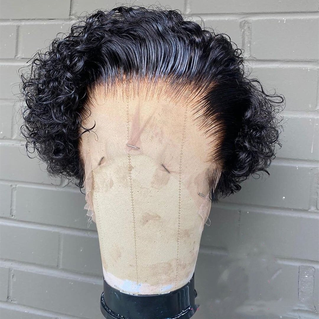 Ombre Short Pixie Cut 13x4x1 T Lace Front Curly Human Hair Wigs 8 Inch