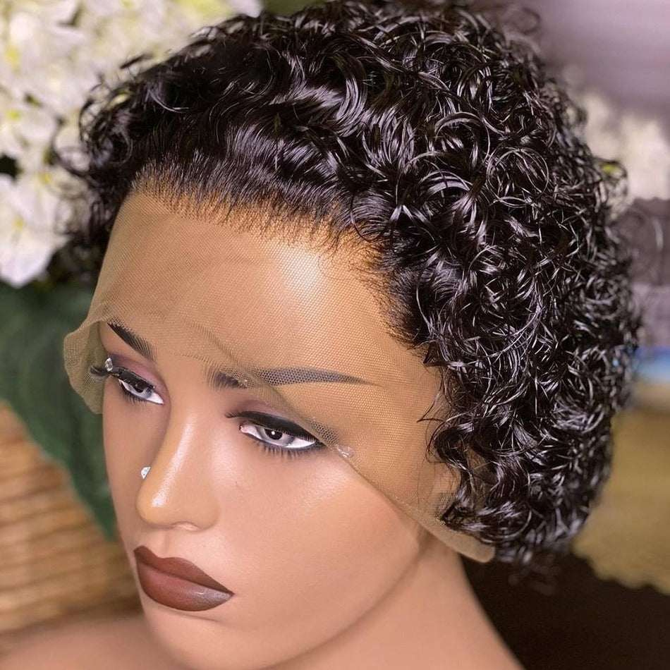 Ombre Short Pixie Cut 13x4x1 T Lace Front Curly Human Hair Wigs 8 Inch