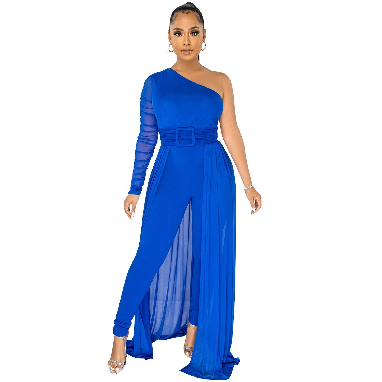 One Shoulder Sheer Mesh Jumpsuit with Long Sleeves