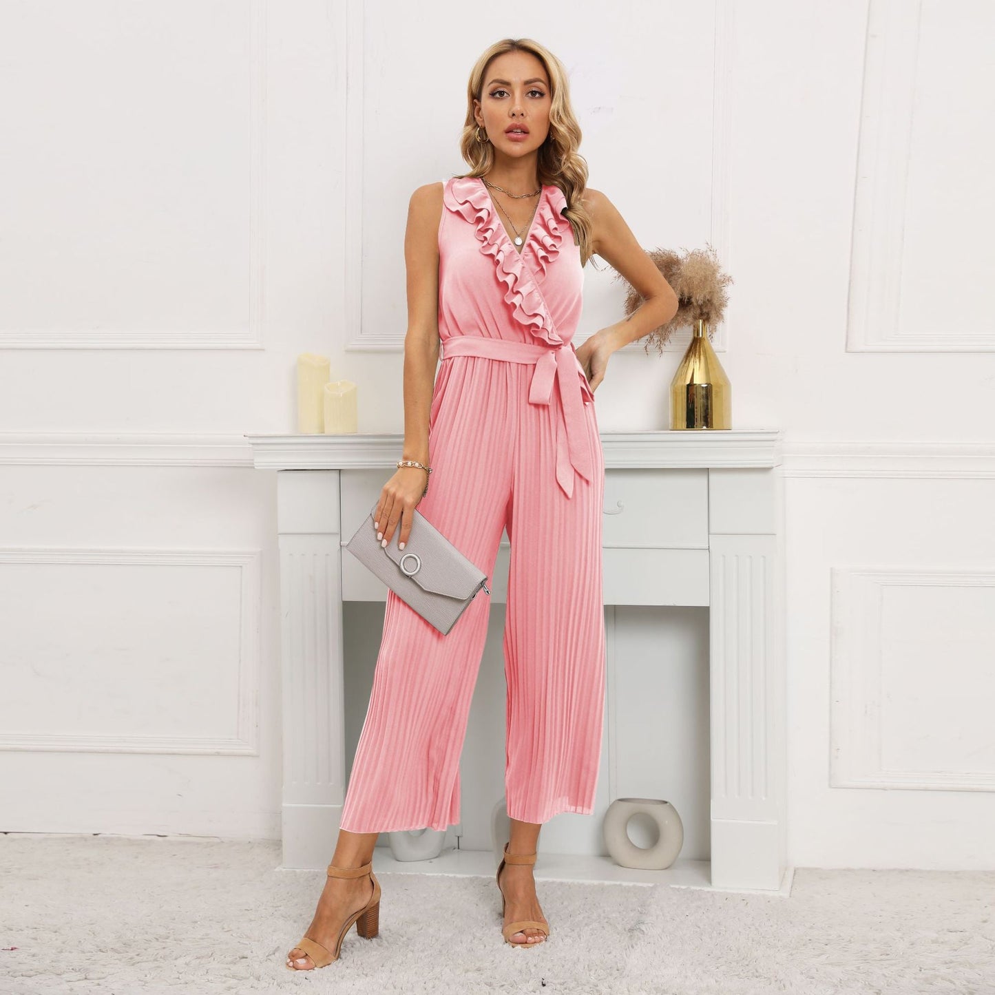 V-neck Ruffle Pleated Jumpsuit