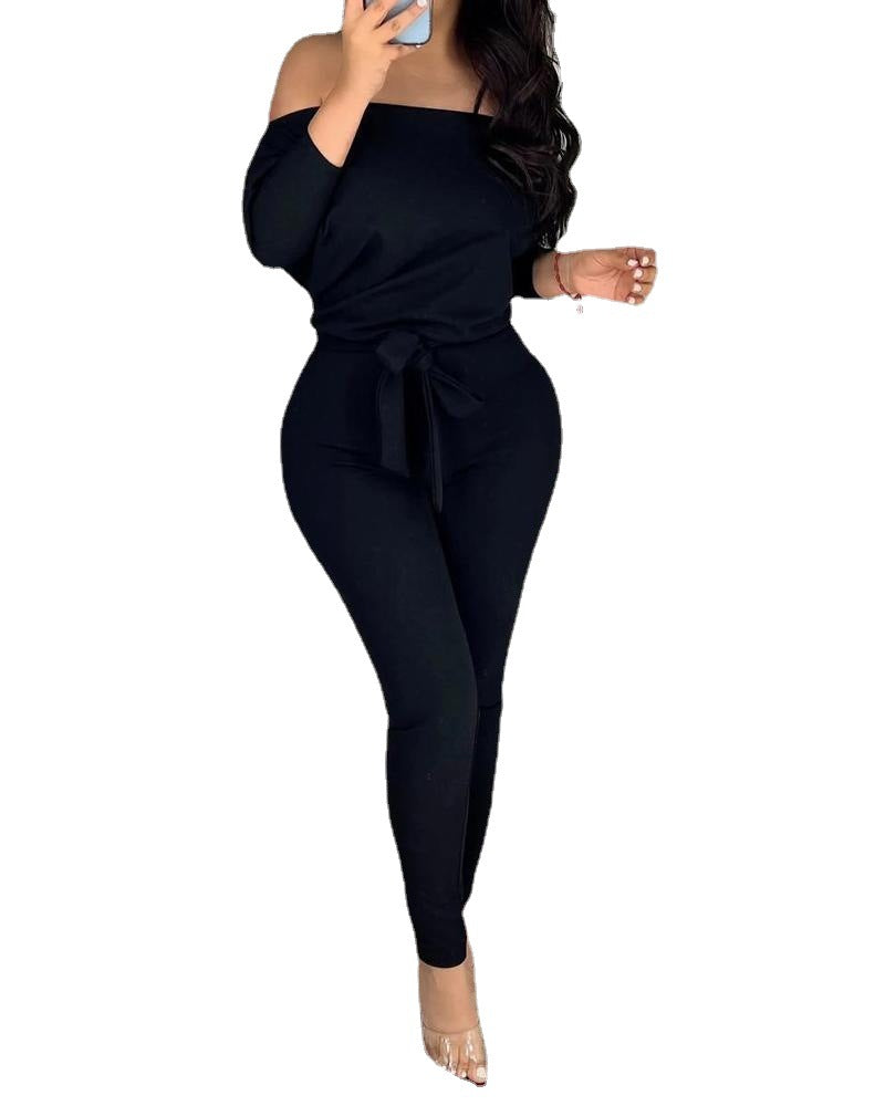 Off-Shoulder Jumpsuit with Waist Tie for Women