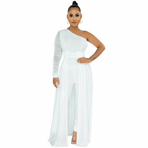 One Shoulder Sheer Mesh Jumpsuit with Long Sleeves