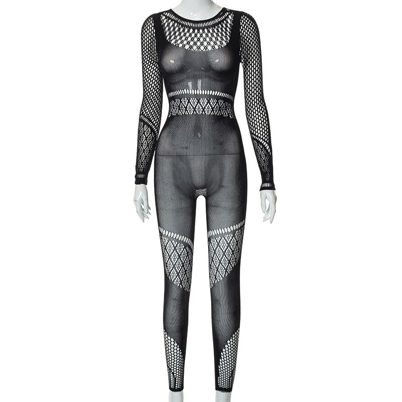 Fashion See-through Sexy Long Sleeve Mesh Jumpsuit