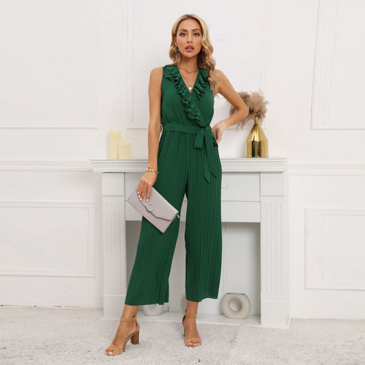 V-neck Ruffle Pleated Jumpsuit