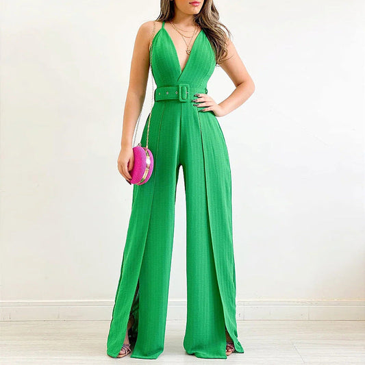 V-neck High-waisted Jumpsuit with Split Wide Leg Pants with Belt