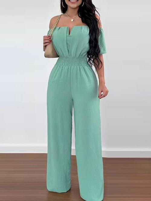 Off Shoulder Shirred Waist Jumpsuit