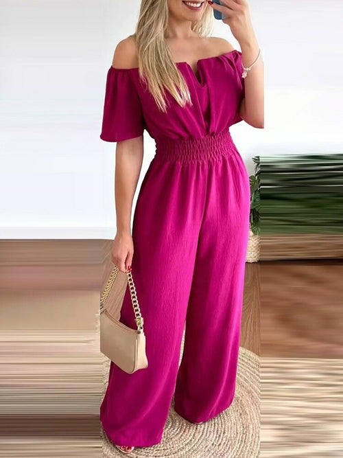 Off Shoulder Shirred Waist Jumpsuit