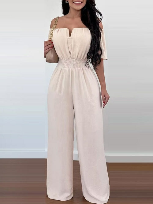 Off Shoulder Shirred Waist Jumpsuit