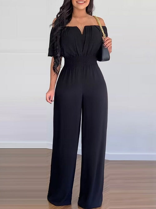 Off Shoulder Shirred Waist Jumpsuit