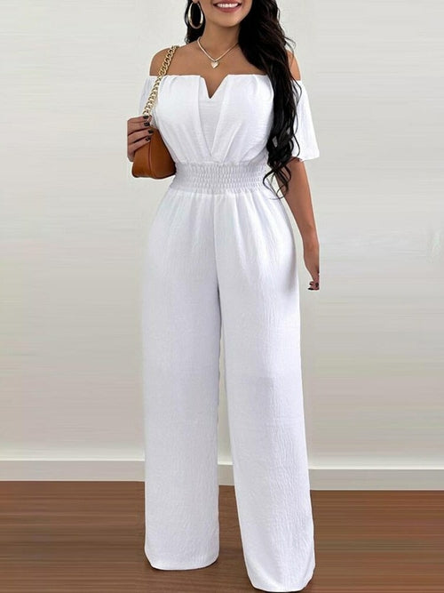 Off Shoulder Shirred Waist Jumpsuit