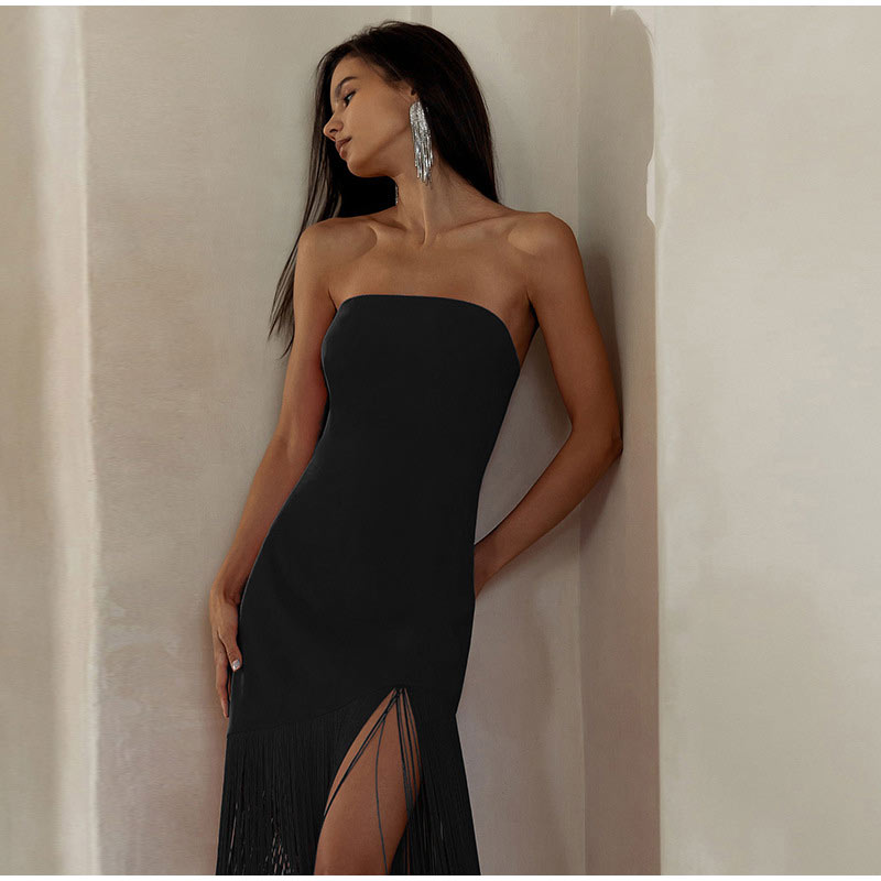 Sexy slim Fringe Tube Top Side Slit Dress