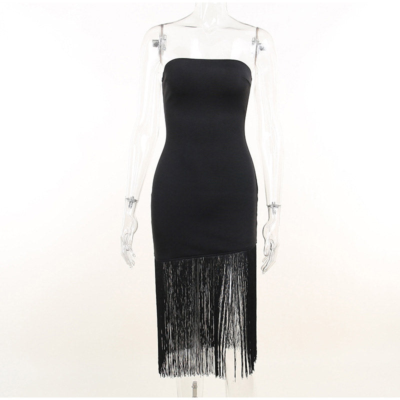 Sexy slim Fringe Tube Top Side Slit Dress