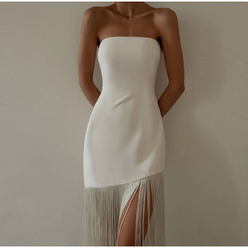 Sexy slim Fringe Tube Top Side Slit Dress