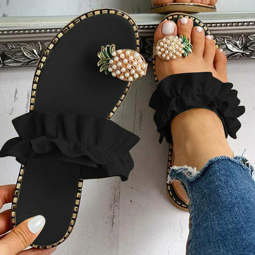 Pineapple Pearl Womens Slippers Flat Toe Casual Beach Slides