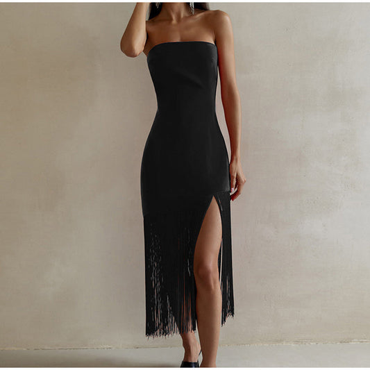 Sexy slim Fringe Tube Top Side Slit Dress