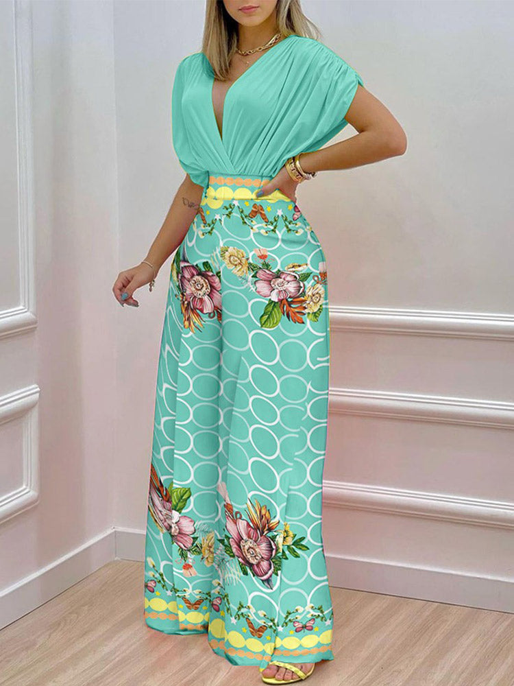 V-neck Bat Sleeve Top Printed Wide-leg Pants Suit