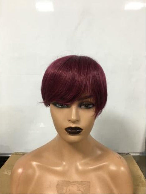 6inch #Burg Pixie Short Cut 100% Straight Human Hair Wig with Bangs Br