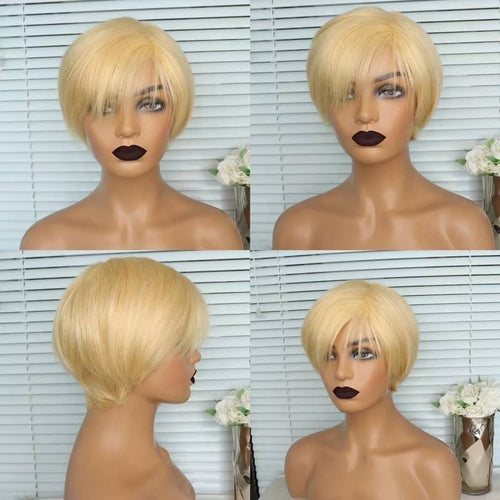 6inch #Burg Pixie Short Cut 100% Straight Human Hair Wig with Bangs Br