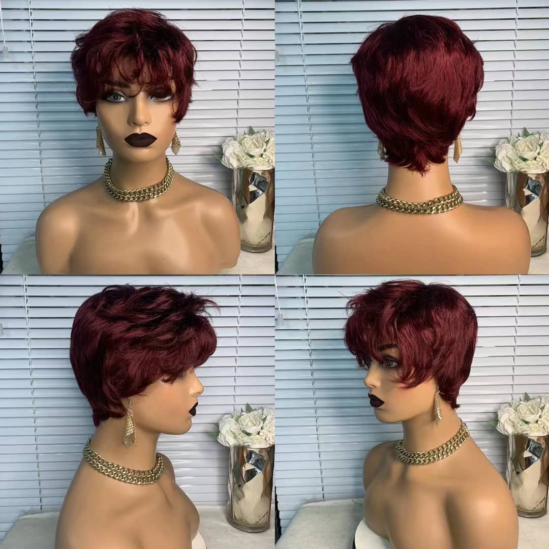 6inch #Burg Pixie Short Cut 100% Straight Human Hair Wig with Bangs Br