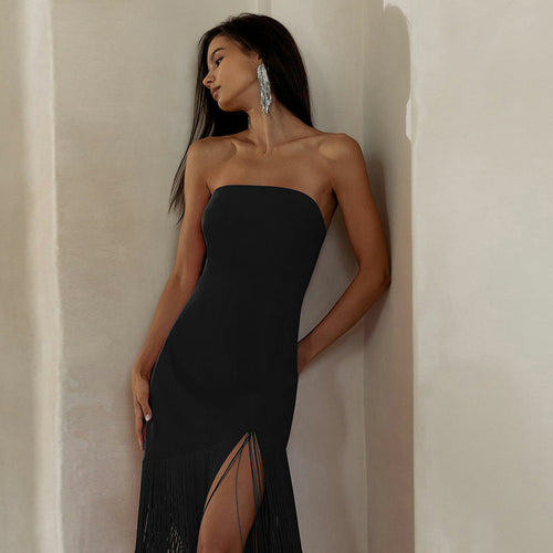 Sexy slim Fringe Tube Top Side Slit Dress