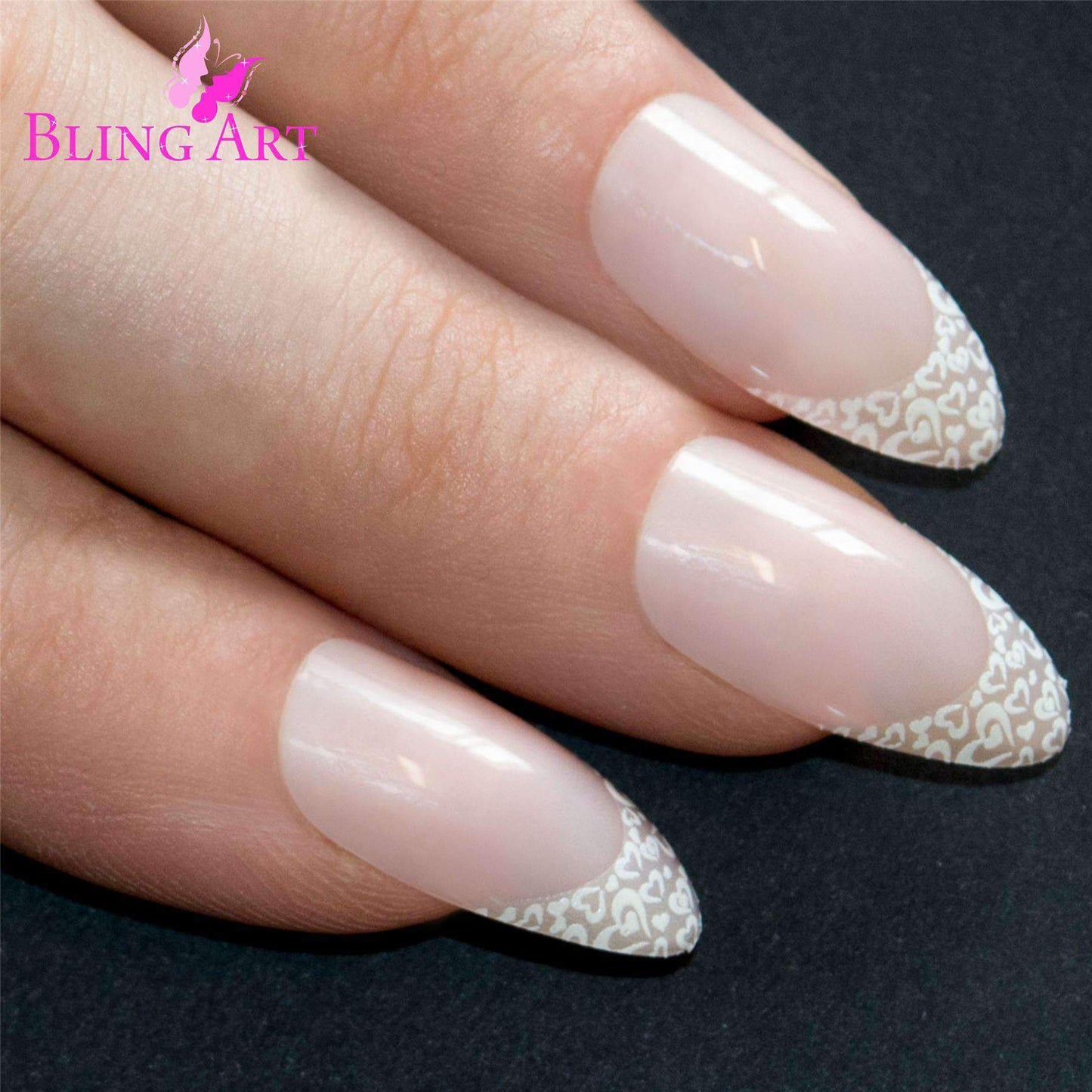 False Nails Bling Art White Hearts Almond Stiletto Long Fake Acrylic