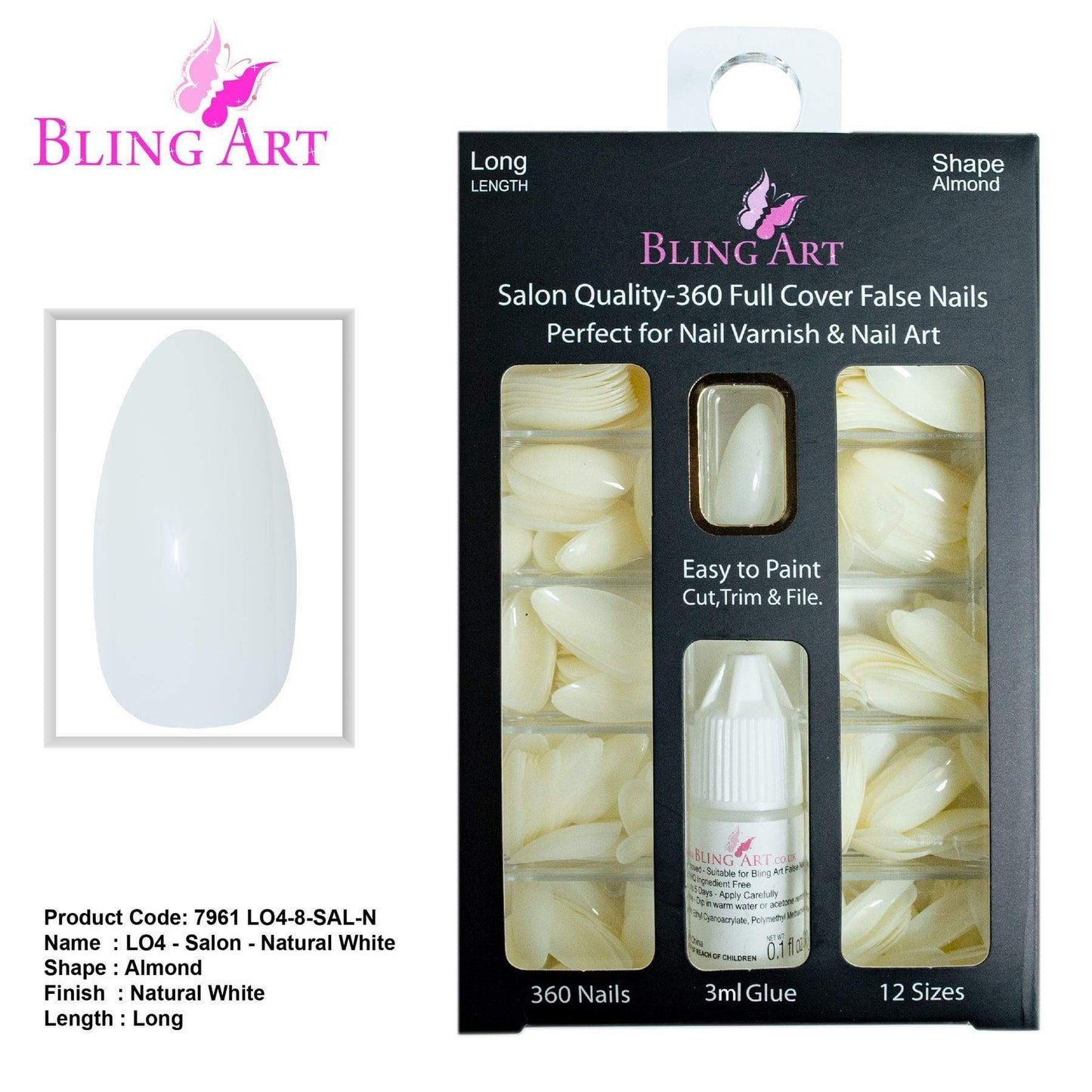 False Nails by Bling Art 360 Stiletto Almond Long Natural Acrylic Fake