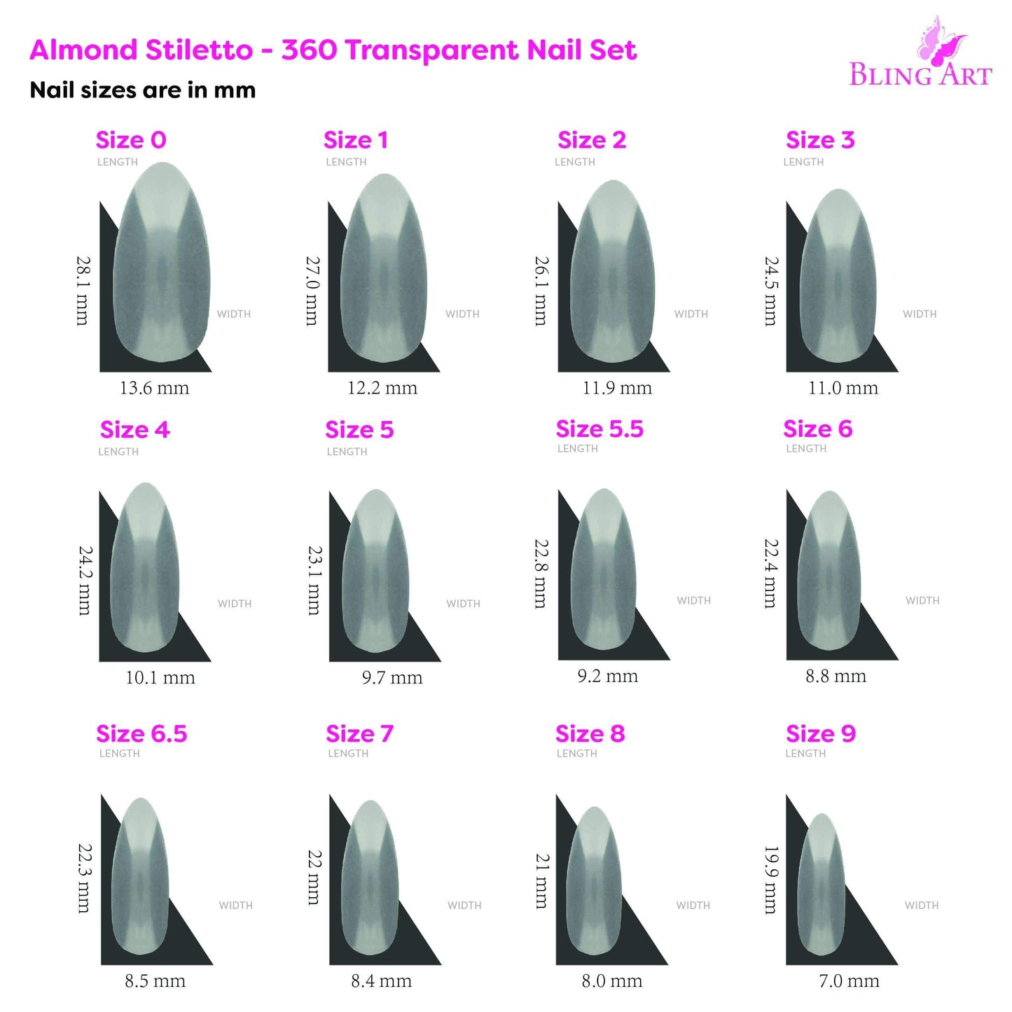 False Nails by Bling Art 360 Stiletto Almond Long Transparent Acrylic